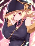  1girl bare_shoulders black_gloves black_headwear blonde_hair breasts calcio cleavage detached_sleeves duel_monster elbow_gloves gagaga_girl gloves hair_between_eyes hand_on_headwear hat highres jewelry large_breasts looking_at_viewer medium_hair necklace outline pink_background pink_outline red_eyes smile white_outline wizard_hat yu-gi-oh! yu-gi-oh!_zexal 