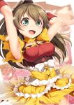  1girl armpits blue_eyes blush bow breasts brown_hair collarbone cosplay cowboy_shot detached_sleeves flower_knight_girl hair_between_eyes highres kantai_collection kumano_(kancolle) long_hair medium_breasts oncidium_(flower_knight_girl) oncidium_(flower_knight_girl)_(cosplay) open_mouth ponytail solo white_bow yasume_yukito 