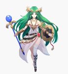  1girl absurdres armlet belt breasts dress forehead_jewel grimmelsdathird high_heels highres jewelry kid_icarus laurel_crown legs long_legs multiple_belts palutena pendant sandals side_slit single_thighhigh solo strapless strapless_dress thighhighs thighs tiara vambraces white_legwear 