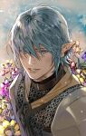  1boy armor bangs blue_eyes blue_hair brown_collar chainmail collar earclip elezen elf final_fantasy final_fantasy_xiv flower hair_over_eyes haurchefant_greystone jya looking_at_viewer male_focus parted_lips pauldrons pointy_ears portrait short_hair shoulder_armor smile solo 