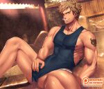  &gt;_o 1boy animal_ears apron arkapami arm_tattoo bara black_apron brown_eyes brown_hair bulge cat_boy cat_ears crotch_grab fundoshi japanese_clothes large_pectorals looking_at_viewer male_focus muscular muscular_male nipples one_eye_closed onsen outdoors patreon_logo patreon_username pectorals reward_available rom_(show_by_rock!!) short_hair show_by_rock!! sidepec sitting smile solo sunset sweat sweatdrop tattoo teeth thick_thighs thighs 