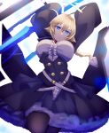  1girl absurdres ahoge bangs black_legwear blazblue blazblue:_central_fiction blazblue:_cross_tag_battle blonde_hair blue_eyes braid breasts center_frills es_(xblaze) expressionless frilled_skirt frills from_below gaien_(jin_morisono) highres holding holding_sword holding_weapon huge_ahoge large_breasts looking_at_viewer parted_lips red_neckwear skirt solo sword underbust weapon wide_sleeves xblaze xblaze_code:_embryo 