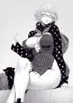  1girl bangs breasts cleavage cropped_jacket dress fate/grand_order fate_(series) glasses greyscale hatching_(texture) highres jacket jacques_de_molay_(foreigner)_(fate) large_breasts long_sleeves looking_at_viewer monochrome nakamura_regura open_clothes open_jacket short_dress short_hair thighs 