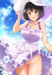  1girl ass_visible_through_thighs bangs bare_arms bare_shoulders black_hair blue_sky blush breasts brown_eyes censored clothes_lift cloud collarbone commentary_request day dress dress_lift eyebrows_visible_through_hair frilled_dress frills groin hand_on_headwear hat highres idolmaster idolmaster_cinderella_girls jewelry large_breasts mk_(mod0) mosaic_censoring necklace no_panties open_mouth outdoors pussy short_hair sky sleeveless sleeveless_dress smile solo sun_hat sundress takafuji_kako white_dress white_headwear wind wind_lift 