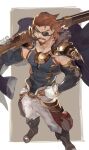  1boy beard boots brown_hair eugen_(granblue_fantasy) eyepatch facial_hair from_above gloves granblue_fantasy gun highres male_focus medium_hair mumu_vosp muscular muscular_male pants rifle simple_background solo standing weapon white_pants 