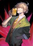  1boy beer_mug brown_hair brown_vest collared_shirt cup green_eyes green_jacket hair_behind_ear hair_over_one_eye hand_in_pocket highres holding holding_cup jacket lack looking_at_viewer male_focus mole mole_under_eye mug necktie nijisanji oliver_evans one_eye_covered parted_lips shirt smile solo vest virtual_youtuber white_shirt yellow_necktie 