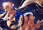  1girl anklet ass bare_legs barefoot blonde_hair blue_ribbon blush dark-skinned_female dark_skin detached_sleeves dress feet from_behind giant giantess hololive hololive_english jewelry june_(ne_z_asa) jupiter_(planet) looking_at_viewer looking_back planet ribbon short_dress sky smile soles space star_(sky) starry_sky toes tsukumo_sana twintails virtual_youtuber 