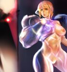  1girl arm_cannon blonde_hair blonde_pubic_hair blue_eyes breasts commentary e.m.m.i._(metroid) english_commentary female_pubic_hair glowing groin hiding large_breasts lips long_hair metroid metroid_dread mole mole_under_mouth mrkg_(arsfatuus) navel nipples no_bra no_panties parted_lips power_armor pubic_hair samus_aran searching solo_focus stomach transparent weapon 