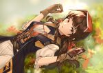  1girl absurdres autumn autumn_leaves black_hair corset digital_media_player dress dutch_angle earbuds earphones falcon_(girls&#039;_frontline) girls&#039;_frontline gloves highres ji_bu_qing_ziji-bottle leaf long_hair lying mixed-language_commentary on_back open_mouth red_eyes shirt solo very_long_hair white_shirt 