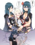  !? 3girls alternate_costume bikini black_bikini black_swimsuit blonde_hair blue_eyes blue_hair blush breast_smother breasts byleth_(fire_emblem) byleth_(fire_emblem)_(female) closed_eyes closed_mouth commentary_request dreaming dual_persona edelgard_von_hresvelg face_to_breasts fire_emblem fire_emblem:_three_houses fire_emblem_heroes fukuroumori girl_sandwich highres large_breasts lying multiple_girls official_alternate_costume on_back pillow purple_eyes sandwiched sleeping swimsuit thought_bubble translation_request yuri zzz 