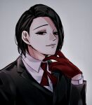  1boy bangs black_jacket collared_shirt dress_shirt furuta_nimura gloves gradient gradient_background grey_background half-closed_eyes hand_up highres jacket kino_(uni_sk38) long_sleeves looking_at_viewer male_focus mole mole_under_eye neck_ribbon parted_lips red_gloves red_ribbon ribbon shirt short_hair smile solo teeth tokyo_ghoul tokyo_ghoul:re white_shirt 