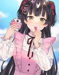  1girl absurdres bangs baskin-robbins black_hair black_ribbon blouse blue_sky blunt_bangs blurry blurry_background closed_mouth cloud commentary day eyebrows_visible_through_hair eyelashes food frills hair_ornament hair_ribbon hands_up heart heart_hair_ornament highres holding holding_spoon ice_cream idolmaster idolmaster_shiny_colors long_hair looking_at_viewer mayuzumi_fuyuko neck_ribbon outdoors red_ribbon ribbon seinarazu shiny shiny_hair sky solo spoon upper_body white_blouse 