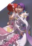  2girls after_kiss alternate_costume anna_(fire_emblem) bare_back commission dress elbow_gloves eye_contact face-to-face fingering fingering_through_clothes fire_emblem fire_emblem:_the_binding_blade fire_emblem_heroes flower gloves hair_flower hair_ornament highres juno_(fire_emblem) long_hair looking_at_another multiple_girls official_alternate_costume purple_eyes purple_hair pussy_juice_stain red_eyes red_hair saliva saliva_trail skirt smile through_clothes wedding_dress wet wet_clothes white_dress yuri zero_a 