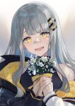  1girl bangs black_jacket black_shirt eyebrows_behind_hair flower grey_hair hachi_(live_union) highres holding holding_flower jacket live_union mole mole_under_eye off_shoulder open_mouth portrait riri_zuran shirt smile solo virtual_youtuber white_flower yellow_eyes 