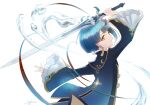  1boy blue_hair chinese_clothes closed_mouth commentary_request earrings frilled_sleeves frills genshin_impact holding holding_sword holding_weapon jewelry long_sleeves male_focus nekobayashi short_hair smile solo sword water weapon xingqiu_(genshin_impact) 