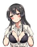  1girl between_breasts black_bra black_hair bra breasts brown_eyes dress_shirt gloves hair_ornament hairclip highres kantai_collection looking_to_the_side medium_breasts oyashio_(kancolle) shirt short_sleeves simple_background solo torn_clothes underwear upper_body wasumi_kei white_background white_gloves white_shirt 