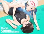  2girls bangs black_hair black_swimsuit blue_eyes blue_hair blue_swimsuit breasts commentary_request competition_swimsuit dawn_(pokemon) english_text hair_between_eyes hand_on_another&#039;s_chest long_hair lying medium_breasts milestone_celebration multiple_girls on_back on_side one-piece_swimsuit original pokemon pokemon_(game) pokemon_dppt pool poolside short_hair swim_cap swimsuit thank_you vegetablenabe 