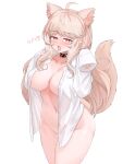  1girl absurdres ahoge animal_ears bangs blonde_hair blush breasts cat_ears cat_girl cat_tail choker collarbone eyebrows_visible_through_hair hands_up heart heart_choker highres lactation large_breasts long_hair looking_at_viewer naked_shirt navel open_clothes open_mouth open_shirt original pussy_juice red_eyes riba shirt sleeves_past_wrists solo tail tongue tongue_out white_shirt 