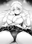  1girl absurdres black_panties braid breasts breasts_outside clothes_lift commentary_request greyscale highres izayoi_sakuya large_breasts maid_headdress mayonaka_taruho monochrome nipples open_clothes panties pillow shirt silver_hair skirt skirt_lift solo thick_thighs thighs touhou twin_braids underwear white_shirt wrist_cuffs 
