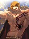  1boy abs alternate_pectoral_size bara belt blonde_hair blue_eyes chest_tattoo clenched_teeth electricity facial_mark fairy_tail falloutbart fur-trimmed_jacket fur_trim jacket jacket_removed large_pectorals laxus_dreyar male_focus muscular muscular_male navel nipples pectorals short_hair smile solo spiked_hair tattoo teeth twitter_username undercut veiny_arms 