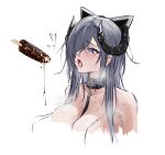  1girl august_von_parseval_(azur_lane) azur_lane bare_shoulders black_horns blue_eyes blue_hair blush breasts chinese_commentary chocolate_banana collarbone commentary_request cross eyebrows_visible_through_hair food hair_between_eyes hair_over_one_eye heart heart-shaped_pupils highres horns ice_cream iron_cross jewelry large_breasts long_hair long_loye looking_up naked_shirt necklace open_mouth saliva shirt solo_focus symbol-shaped_pupils upper_body white_background 