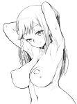  1girl armpits braid breasts closed_mouth commentary_request completely_nude greyscale hair_ornament hibino_matsuri highres large_breasts light_smile looking_at_viewer monochrome navel nude pretty_(series) simple_background single_braid smile solo sweat waccha_primagi! white_background zootan 