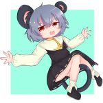  1girl animal_ears bangs black_footwear blue_background capelet commentary cookie_(touhou) crystal eyebrows_visible_through_hair full_body grey_hair grey_skirt grey_vest hair_between_eyes highres jewelry long_sleeves looking_at_viewer mouse_ears mouse_girl mouse_tail nazrin nyon_(cookie) open_mouth pendant red_eyes shirt shoes short_hair simple_background skirt skirt_set smile socks solo stl_(dpb_v) tail touhou two-tone_background vest white_background white_capelet white_legwear white_shirt 