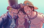  3boys :d ^_^ ascot black_hair blonde_hair brothers closed_eyes closed_mouth freckles goggles goggles_on_headwear grin hand_on_another&#039;s_shoulder happy hat highres hurumori jewelry male_focus monkey_d._luffy multiple_boys necklace one_piece open_mouth portgas_d._ace sabo_(one_piece) scar scar_on_face short_hair siblings smile teeth topless_male upper_body 