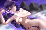  1girl absurdres arm_up armpits bangs bathing between_breasts blurry blurry_background blush braid breasts completely_nude covering covering_breasts depth_of_field dutch_angle eyebrows_visible_through_hair genshin_impact glowing glowing_sword glowing_weapon groin hair_censor highres holding holding_sword holding_weapon human_scabbard long_hair looking_at_viewer mole mole_under_eye navel night nude ocean outdoors parted_lips purple_eyes purple_hair raiden_shogun sheath single_braid solo stomach sword tetori_(tetolisto) unsheathing v-shaped_eyebrows very_long_hair vision_(genshin_impact) water weapon wet 
