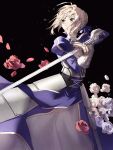  1girl armor armored_dress artoria_pendragon_(fate) black_background blonde_hair blue_ribbon braid breastplate coco_(27192440) commentary crown_braid excalibur_(fate/stay_night) fate/grand_order fate/stay_night fate_(series) flower french_braid gauntlets green_eyes highres juliet_sleeves long_sleeves looking_to_the_side puffy_sleeves ribbon rose saber solo sword weapon white_flower white_rose 