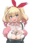  1girl :d bangs between_breasts blonde_hair blue_eyes blush breasts cleavage_cutout clothing_cutout curly_hair dollar_bill eyebrows_visible_through_hair fang furrowed_brow hands_on_own_chest highres indie_virtual_youtuber kani_biimu_(vtuber) large_breasts long_hair long_sleeves looking_at_viewer money open_clothes open_mouth open_shirt partially_unbuttoned rebutsu shirt sidelocks sleeves_past_wrists smile twintails upper_body virtual_youtuber white_shirt 