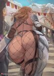  1girl armor ass ass_focus blonde_hair elbow_gloves fishnet_legwear fishnets gloves highres hip_armor kisara_(tales) looking_at_viewer looking_back mirai_hikari plump shoulder_armor skindentation solo stairs tales_of_(series) tales_of_arise thighs 