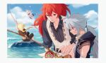  1girl 3boys aether_(genshin_impact) alternate_hairstyle arms_up bangs blonde_hair blurry blurry_background border braid closed_mouth cloud day diluc_(genshin_impact) fishing_rod genshin_impact grey_hair hair_ornament halo holding holding_fishing_rod hood hood_down long_hair multiple_boys ocean outdoors paimon_(genshin_impact) parted_lips ponytail razor_(genshin_impact) red_eyes red_hair rock scar scar_on_arm scar_on_face shirt single_braid sitting sky sleeveless sui25jiyuu water white_hair 