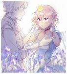  1boy 1girl :o alternate_costume bangs blue_dress blush breasts closed_mouth collarbone commentary crown dress epaulettes eye_contact eyebrows_visible_through_hair fate/grand_order fate_(series) flower formal fujimaru_ritsuka_(male) hair_between_eyes height_difference light_purple_hair looking_at_another mash_kyrielight medium_breasts mini_crown partially_colored puffy_short_sleeves puffy_sleeves purple_eyes purple_flower short_hair short_sleeves smile upper_body wani_(mezo) white_background wrist_cuffs 