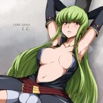  1girl armpits arms_up belt blush breasts c.c. cleavage code_geass commentary_request green_hair highres long_hair looking_at_viewer navel restrained runaru shiny shiny_hair shiny_skin solo yellow_eyes 