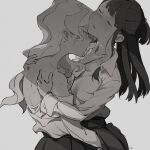  2girls back bad_id bad_twitter_id closed_eyes commentary_request diana_cavendish half-closed_eyes hand_under_clothes hand_under_skirt hickey kagari_atsuko kirusu korean_commentary little_witch_academia long_hair multiple_girls parted_lips saliva saliva_trail sweat third-party_source tongue yuri 