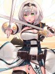  1girl armor bangs breasts cleavage commentary_request dual_wielding headpiece highres holding holding_sword holding_weapon hololive large_breasts looking_at_viewer mole mole_on_breast open_mouth shirogane_noel short_hair silver_hair solo sword teeth thighhighs thighs upper_teeth virtual_youtuber waterring weapon 