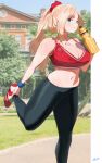  1girl :3 bangs bare_shoulders blonde_hair blurry blurry_background blush bottle bra breasts cleavage collarbone commentary curvy english_commentary feet_out_of_frame forehead highres huge_breasts leg_lift long_hair looking_at_viewer low_neckline miami-chan_(ryusei_hashida) midriff navel nose original outdoors outside_border pants red_bra ryusei_hashida sidelocks sideways_glance signature smile solo sports_bra stretch swept_bangs thighs tight tight_pants underwear water_bottle wet yoga_pants 