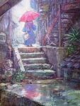  1girl bag commentary dress junpei_(juntonanotukunanika) leaf original plant rain scenery stairs umbrella walking 