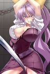  1girl absurdres arms_up bangs blush bound bound_wrists breasts brown_eyes chain cleavage clenched_teeth collarbone collared_shirt commentary_request dress hair_ribbon highres kikoka_(mizuumi) large_breasts lips long_hair looking_at_viewer panties ponytail puffy_short_sleeves puffy_sleeves purple_belt purple_dress purple_hair ribbon shirt short_sleeves single_strap solo teeth thighs torn_clothes touhou underwear wall watatsuki_no_yorihime white_panties white_shirt wing_collar yellow_ribbon 