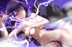  1girl absurdres arm_up armpits bangs bathing between_breasts blurry blurry_background blush braid breasts completely_nude covering covering_breasts depth_of_field dutch_angle eyebrows_visible_through_hair genshin_impact glowing glowing_sword glowing_weapon groin hair_censor highres holding holding_sword holding_weapon human_scabbard long_hair looking_at_viewer mole mole_under_eye navel night nude ocean outdoors parted_lips purple_eyes purple_hair raiden_shogun sheath single_braid solo steam stomach sword tetori_(tetolisto) unsheathing v-shaped_eyebrows very_long_hair vision_(genshin_impact) water weapon wet 