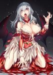  1girl bat_wings blood breasts dress fingernails grey_hair hand_up highres kneeling large_breasts long_fingernails long_hair looking_at_viewer nail_polish older pink_eyes pool_of_blood red_nails remilia_scarlet sharp_fingernails shukusuri solo tongue tongue_out torn_clothes torn_dress touhou white_dress wings 