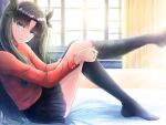  1girl backlighting black_hair black_legwear black_ribbon black_skirt expressionless fate/stay_night fate_(series) hair_ribbon highres long_hair on_bed red_sweater ribbon rongvuong sitting sitting_on_bed skirt sweater thighhighs thighhighs_pull thighs toe-point tohsaka_rin turtleneck twintails two_side_up window 