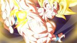  1boy abs areolae battle_damage blonde_hair blue_eyes clenched_teeth dragon_ball dragon_ball_z energy_ball foreshortening male_focus muscular muscular_male pectorals rom_(20) solo son_goku super_saiyan super_saiyan_1 teeth topless_male upper_body wristband 