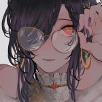  1girl alternate_costume bare_shoulders black_hair blush close-up commentary_request earrings glasses hair_over_one_eye highres hoop_earrings jewelry looking_at_viewer nail_polish nijisanji official_alternate_costume open_mouth orange_eyes purple_nails shirayuki_tomoe short_hair solo virtual_youtuber white_background zero_zhengyi 