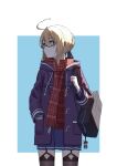  1girl absurdres ahoge aqua_background artoria_pendragon_(fate) bag black-framed_eyewear blonde_hair braid braided_bun coat commentary_request duffel_coat fate/grand_order fate_(series) freedomexvss garter_straps glasses hand_in_pocket highres holding holding_bag looking_to_the_side mysterious_heroine_x_(alter)_(fate) open_clothes open_coat plaid plaid_scarf red_scarf scarf semi-rimless_eyewear simple_background solo thighhighs two-tone_background under-rim_eyewear white_background yellow_eyes 