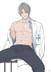  1boy abs bare_pectorals closed_mouth commentary_request copyright_request grey_hair hands_in_pockets labcoat male_focus maosen navel no_nipples off_shoulder pectorals purple_eyes short_hair simple_background sitting solo spread_legs toned toned_male weibo_username white_background 