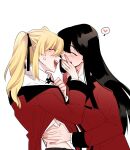  2girls anger_vein black_hair blonde_hair blush closed_eyes commentary_request covering_mouth eyebrows_visible_through_hair hand_over_another&#039;s_mouth happy heart hyakkaou_academy_uniform jabami_yumeko jewelry kakegurui korean_commentary long_hair medium_hair mmotu_123 multiple_girls open_mouth ring saotome_meari simple_background smile spoken_heart teeth upper_teeth white_background yuri 