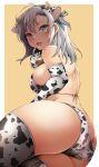  1girl animal_ears animal_print ass bell bikini blue_eyes border breasts cow_ears cow_horns cow_print cowbell elbow_gloves fake_animal_ears fake_horns gloves grey_hair horns kantai_collection kinugasa_(kancolle) large_breasts licking licking_finger looking_at_viewer medium_hair outside_border sawamura_aoi solo swimsuit thighhighs two-tone_bikini white_border yellow_background 
