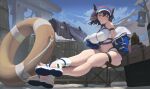  1girl :d absurdres animal_ears arknights arm_strap bag bare_shoulders bikini blue_headwear blue_jacket blue_sky blush bottle box breasts commission cow_ears cow_horns crossed_legs day duffel_bag foreshortening grin highres horns jacket lantern large_breasts lifebuoy long_sleeves looking_at_viewer navel nnn off_shoulder official_alternate_costume open_clothes open_jacket orange_eyes outdoors parted_lips purple_hair sandals short_hair sideroca_(arknights) sideroca_(light_breeze)_(arknights) sitting skindentation sky smile solo stomach sunlight swimsuit thigh_strap toes visor_cap white_bikini white_footwear 